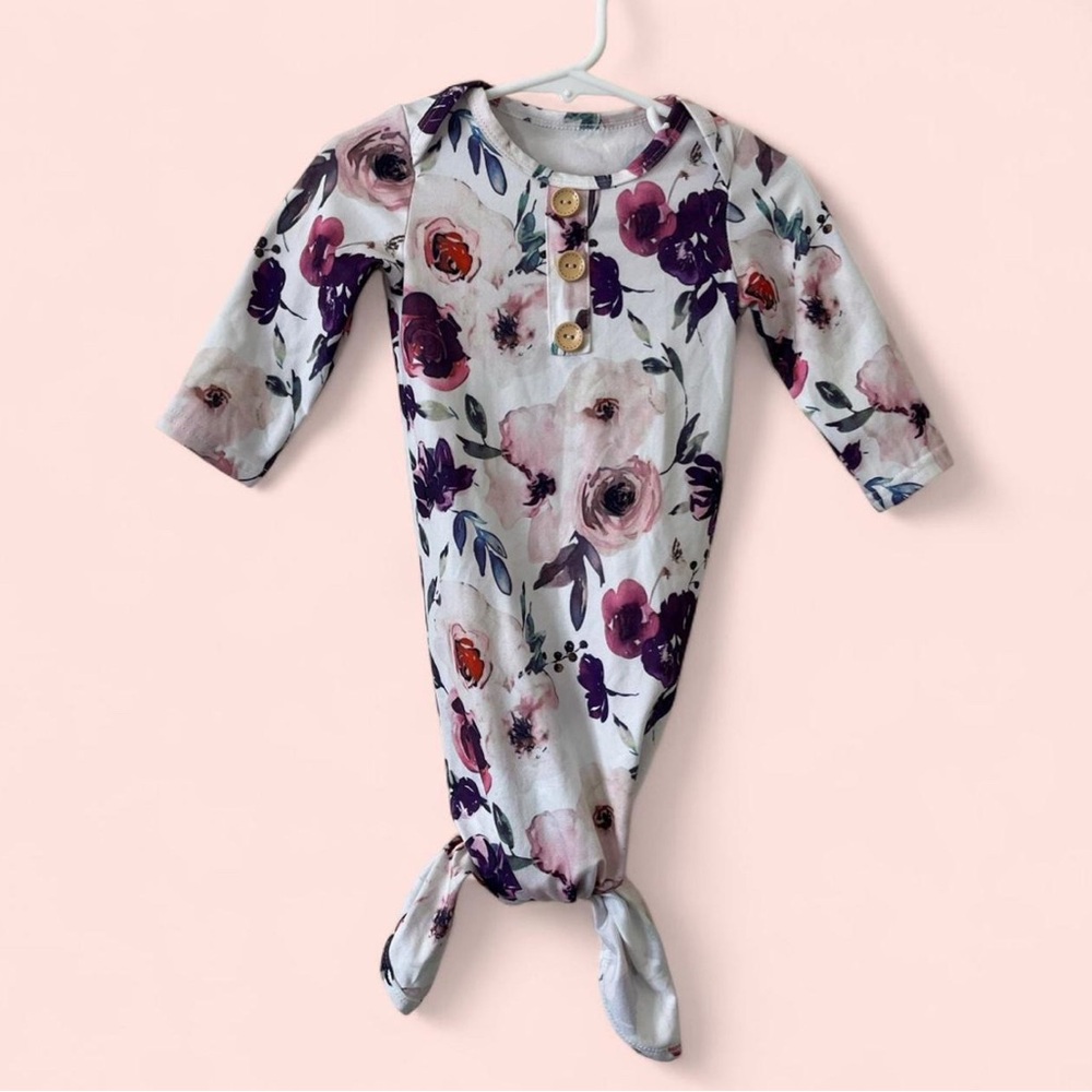 6-12M Girls Boutique Knotted Sleeper Boho Floral Long Sleeve One Piece Pajamas